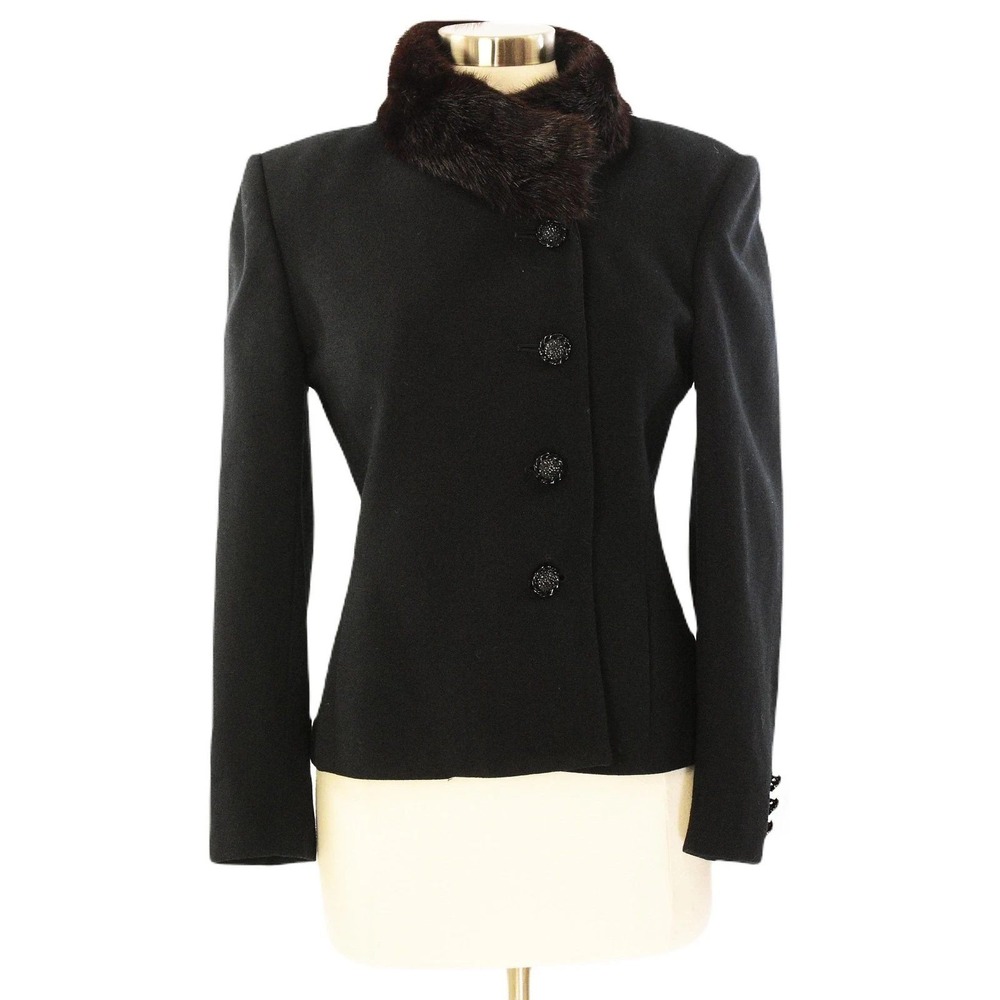 60s Vintage Black Wool Asymmetrical Fur Trim Coat Womens M Evening Party Jacket